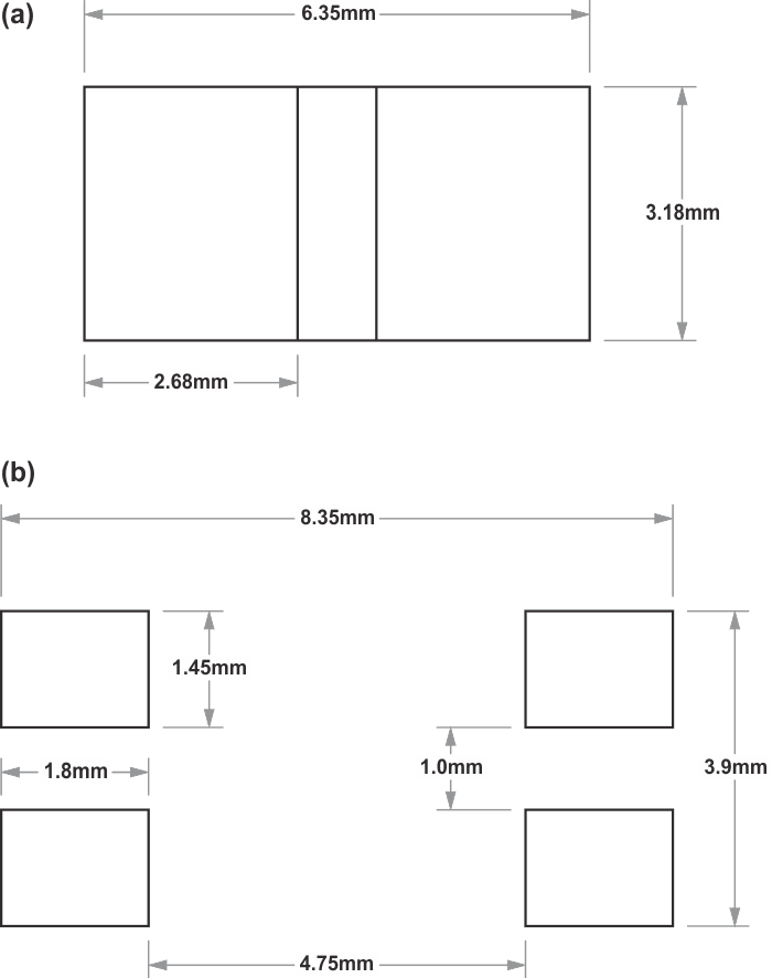 a) ULRG3-2512-0M50-FLFSLT resistor dimensions; (b) Standard 4-pad footprint.