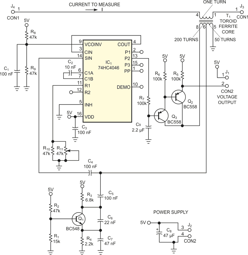 This current sensor uses a variable-frequency oscillator, Q1, and a PLL, IC1, to measure current in an isolated circuit.