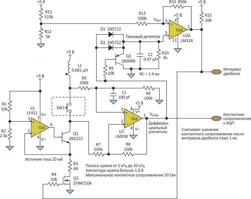 Аналоговый пиковый детектор создает «окно» вокруг периода механического дребезга переключателя, позволяя измерять контактное сопротивление с помощью источника тока.