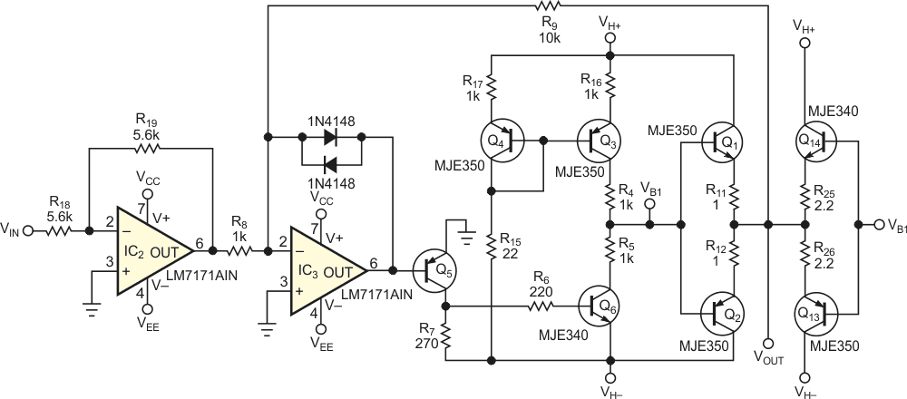 This high-frequency, high-voltage amplifier can drive the capacitive load from a PVDF (polyvinylidene-fluoride) piezoelectric transducer.