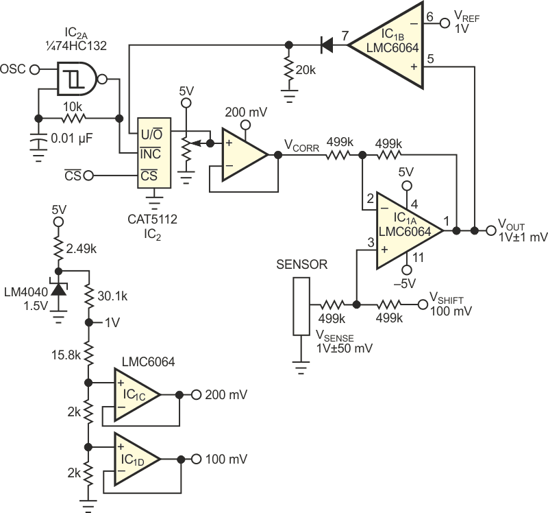 This autoreferencing circuit nulls out output errors at a sensor's reference (ambient) condition.