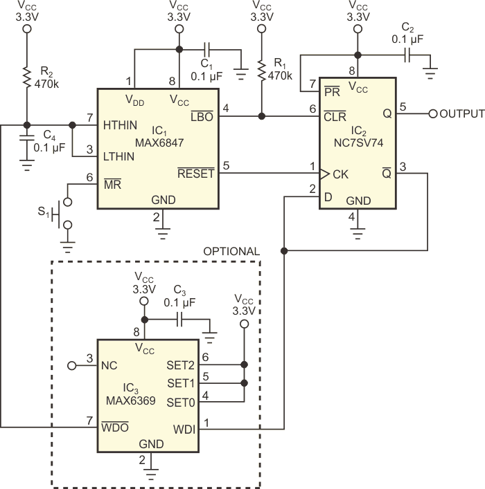 This simple electronic circuit uses a momentary-contact pushbutton switch, S1, to replace a more expensive mechanical push-on/push-off switch.