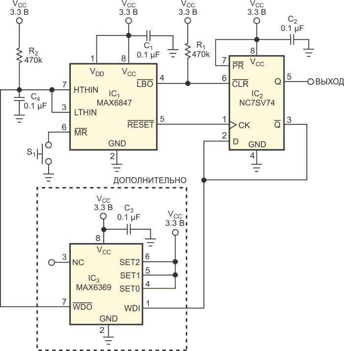 В этой простой электронной схеме, заменяющей более дорогой механический переключатель переменного действия, используется нормально разомкнутая кнопка S1.