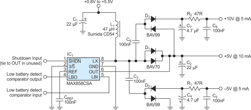 Adding external charge pumps to this 5 V boost converter produces auxiliary analog rails of 10 and -5 V.