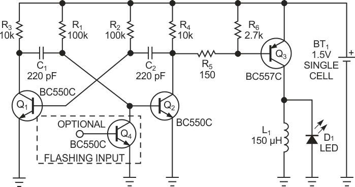 This simple astable multivibrator provides a low-cost way to drive an LED from a single cell.