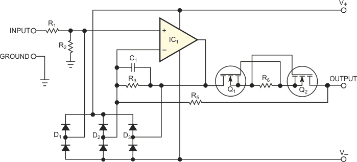This circuit works as a bipolar-current source when the voltage drop across source resistor R6 becomes larger than the gate-threshold voltage of depletion-mode MOSFETs Q1 and Q2, thus limiting the current through clamping diodes.
