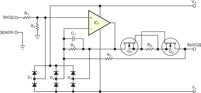 Эта схема работает как биполярный источник тока, когда падение напряжения на истоковом резисторе R6 становится больше, чем пороговое напряжение затворов MOSFET Q1 и Q2, работающих в режиме обеднения, тем самым, ограничивая ток через диоды.