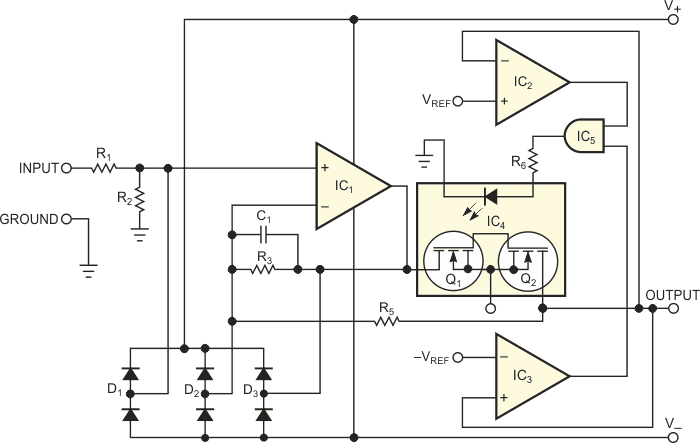 This series-protection circuit disconnects the amplifier-output terminal using a series-connected, high-voltage SSR.