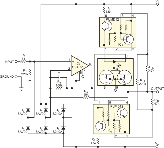 This circuit requires only a couple of external components to use an SSR for output-overvoltage protection.