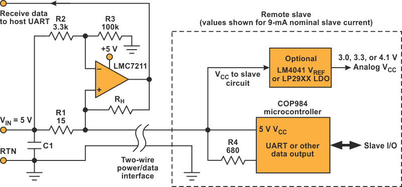 This recovery circuit operates by modulating current from a remote device back to a host. Here, a single comparator senses the amount of current passing through the shunt resistor.