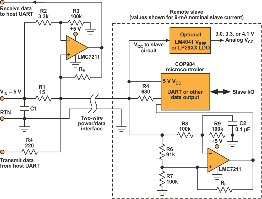 A simple voltage divider (R1/R4) modulates the voltage from the host to the slave. The slave circuit compares the voltage being provided to the voltage stored in C2.