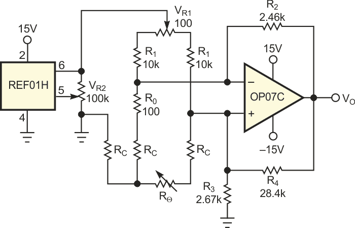 The full circuit needs trimming potentiometers VR1 and VR2 to adjust zero and span, respectively, and a three-lead cable for sensor connection. RC is the cable's resistance.