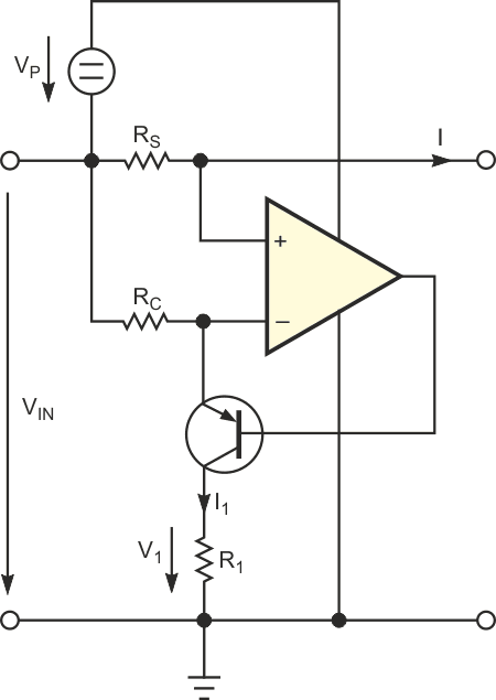 This method for measuring high-side supply current requires an auxiliary transistor.