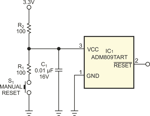 A pair of low-value resistors, a capacitor, and a pushbutton add a manual-reset function to a standard three-pin-reset supervisor.