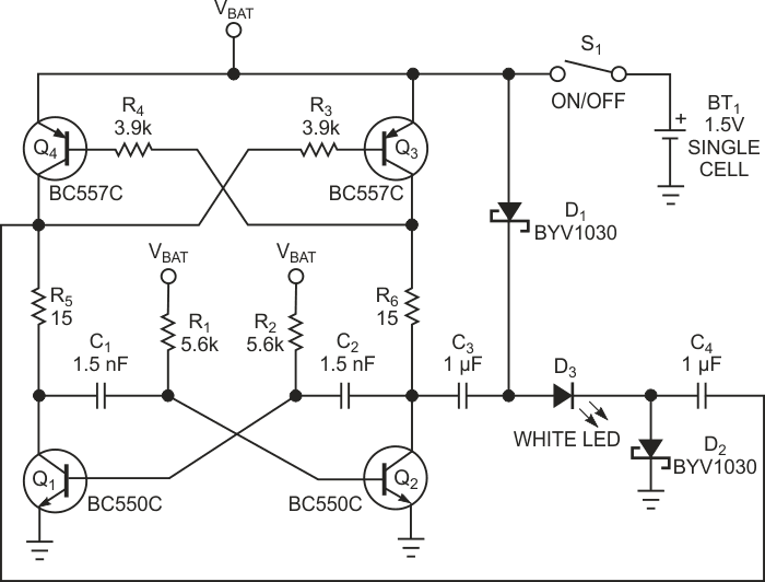 Resistors R1 and R2 and capacitors C1 and C2 set the oscillation frequency.