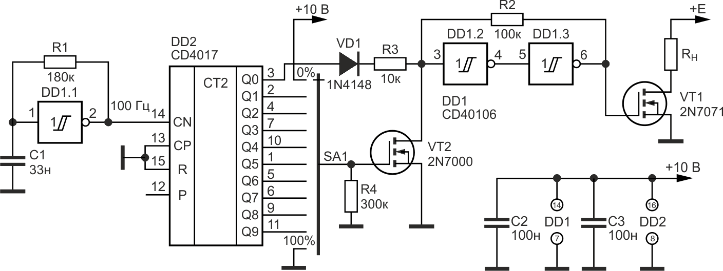 Ступенчатый регулятор мощности с использованием микросхем CD40106 и CD4017.
