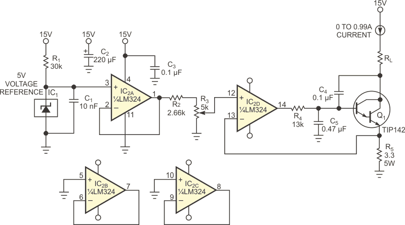 A voltage reference and two op amps provide a stable voltage to R5, which provides a stable load current.