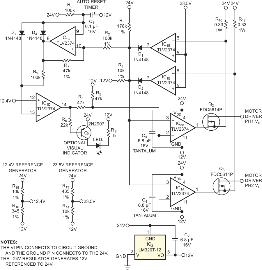 Current-sense resistors turn off MOSFETs when current through them exceeds a limit.