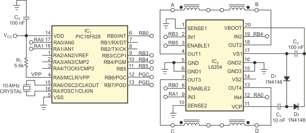 The circuit comprises a full-bridge driver and a microcontroller.