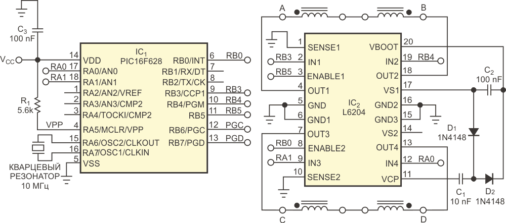 Схема состоит из полномостового драйвера и микроконтроллера.