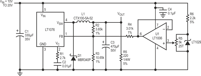 Adjustable LT1074/LT1076 0 V to 5 V power supply.