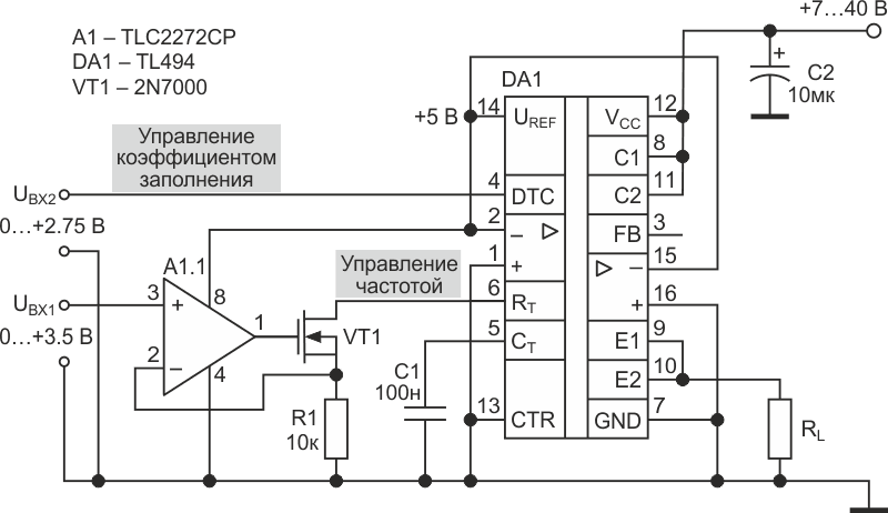 Принципиальная схема генератора прямоугольных импульсов, управляемого напряжением. Вход 1 - управление частотой, Вход 2 - управление коэффициентом заполнения.