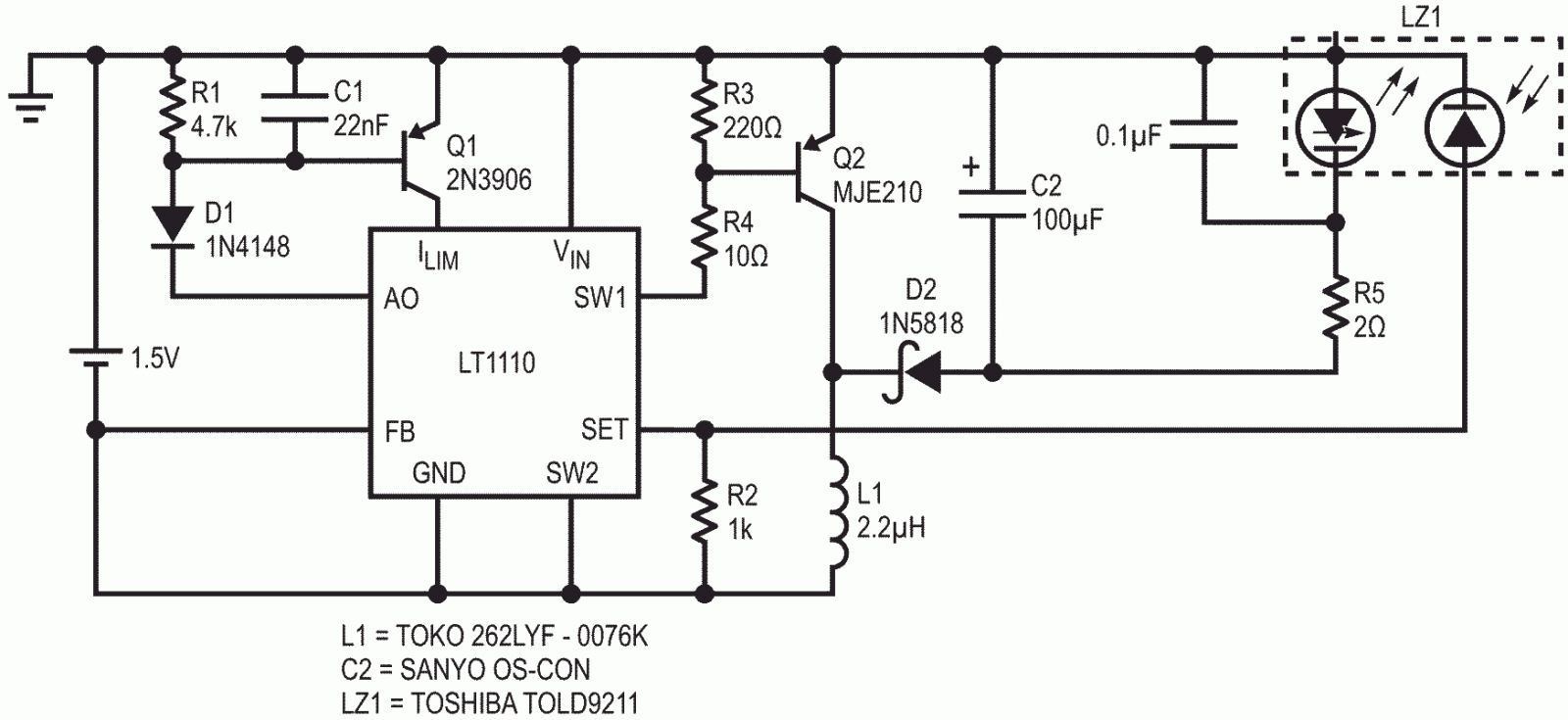 LT1110 Laser diode driver operating from a single cell.