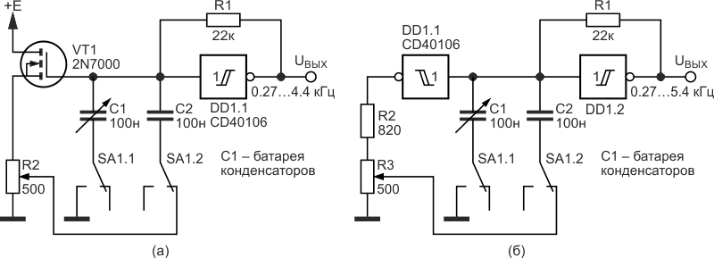 Лабораторные генераторы импульсов для регулировки эквивалентной емкости частотозадающего конденсатора с использованием: (а) повторителя напряжения и (б) элемента «НЕ».