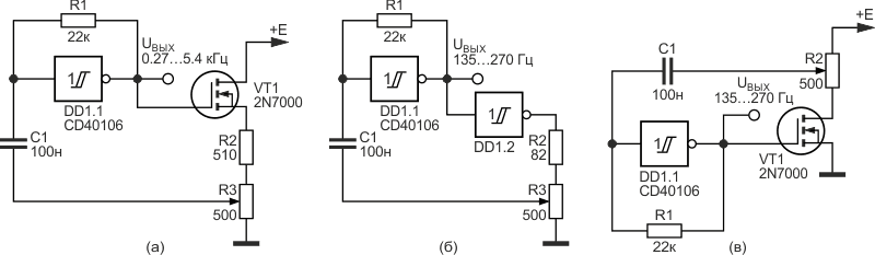 Генераторы импульсов регулируемой частоты с использованием: (а) повторителя напряжения; (б) элемента «НЕ»; в) инвертирующего каскада.