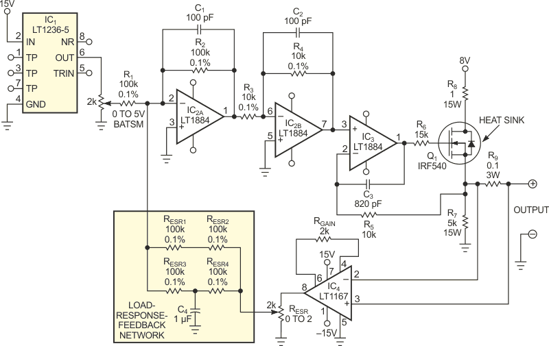 This simulator circuit represents the load response of many battery types.