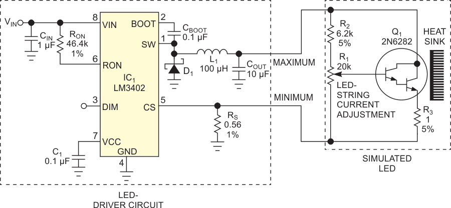 Use this circuit for quick testing of an LED-driver circuit over minimum, typical, and maximum LED parameters.
