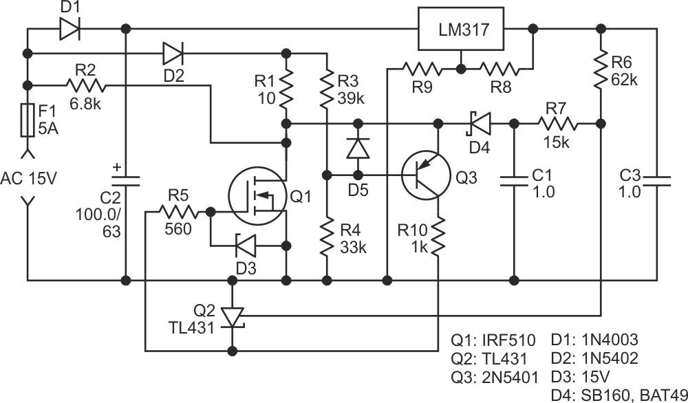 Circuit diagram for using a MOSFET as a thermostatic heater.
