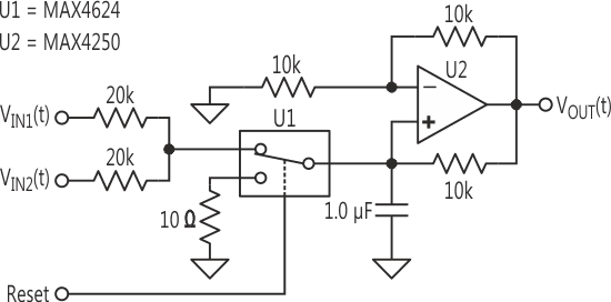 This practical implementation of a Deboo integrator has two analog inputs and a reset input.