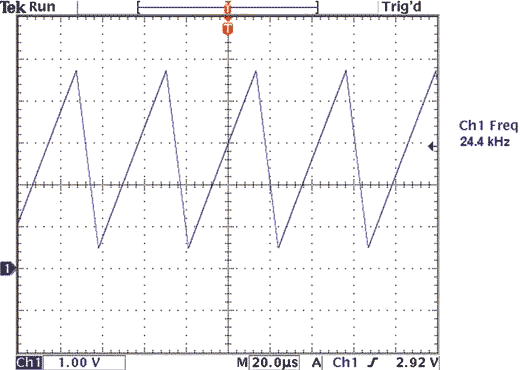 The op amp's slew rate is 0.85V/µsec, which is therefore adequate for this 25-kHz waveform.