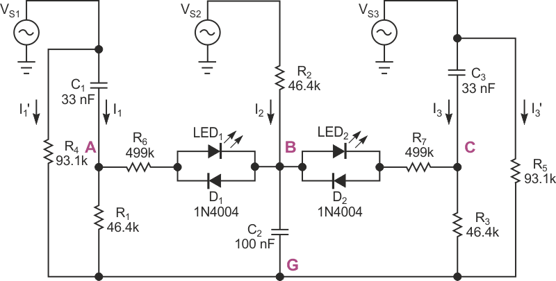 This phase-indicator circuit balances branch voltages and currents and requires no ground reference. These component values are for a 60-Hz line frequency.