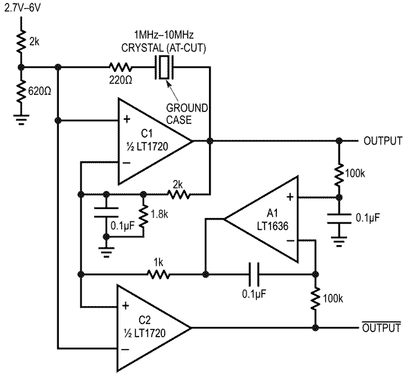 Crystal oscillator has complementary outputs and 50% duty cycle. A1's feedback maintains output duty cycle despite supply variations