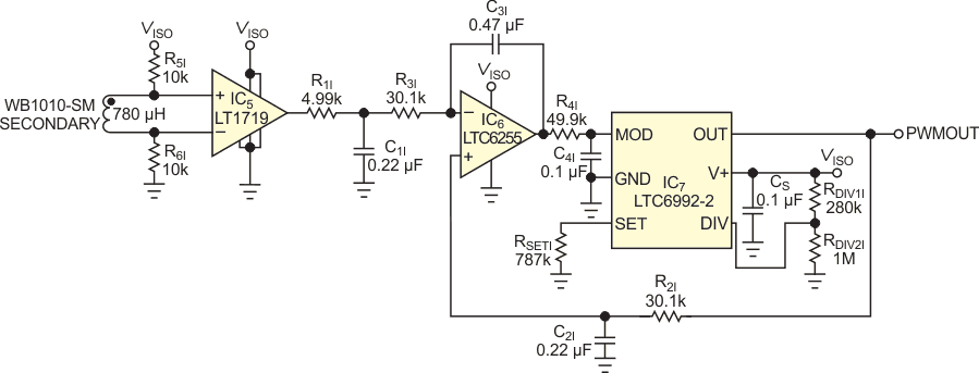This circuit re-creates the 1-kHz PWM control signal on the isolated side. It cannot use the anticipator circuit, but R4I and C4I provide extra lowpass filtering, helping to reduce output jitter.