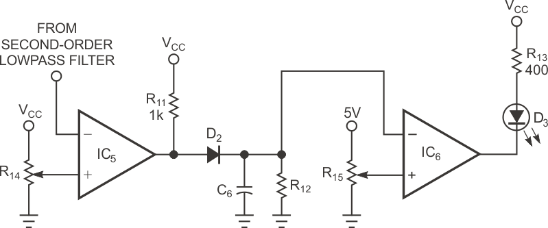 Comparator IC6 monitors the voltage across C6 and activates when the C6 voltage exceeds a preset value from R15.