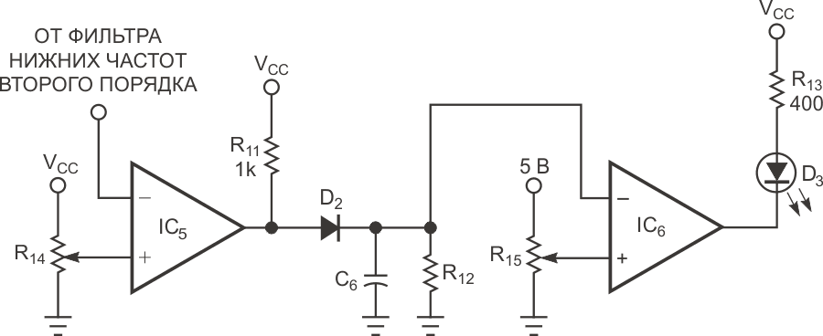 Компаратор IC6 контролирует напряжение на конденсаторе C6 и переключается, когда напряжение на C6 превышает значение, установленное подстроечным резистором R15.