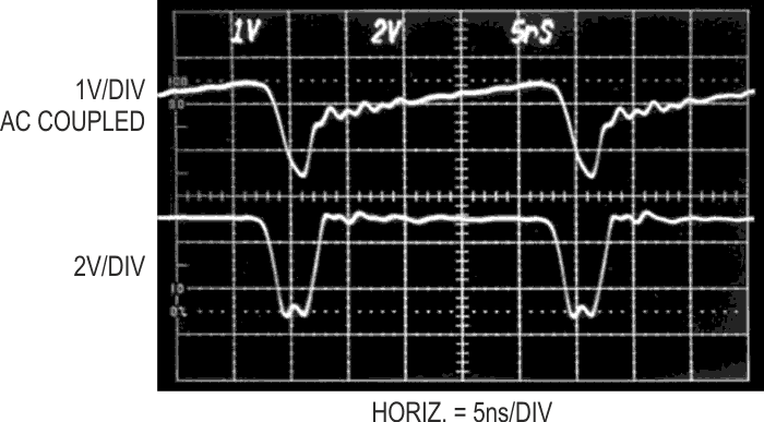 V-F operation at 40 MHz. Core oscillator waveforms viewed in 670 MHz real time bandwidth include Q1 collector (Trace A) and Q2 emitter (Trace B). Ramp-and-reset operating characteristic is apparent; reset duration of 6ns permits 100 MHz repetition rate.