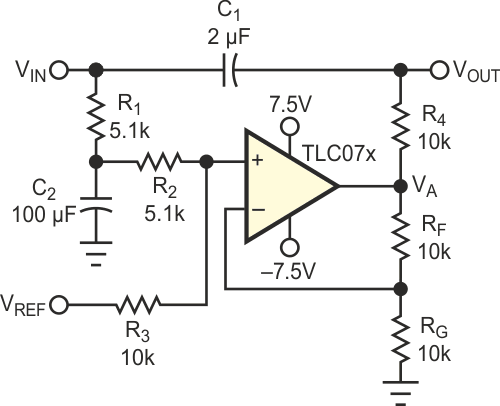 This circuit is a universal level shifter for ac signals; it accommodates any interface standard.