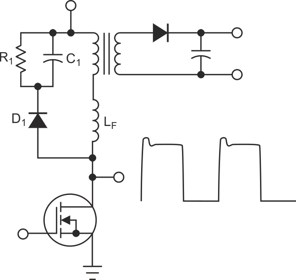В этой схеме медленный диод защищает ключевой транзистор от разрушительных переходных напряжений.