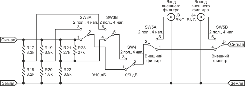 Принципиальная схема аттенюаторов 3/10/13 дБ и разъемов внешнего фильтра.