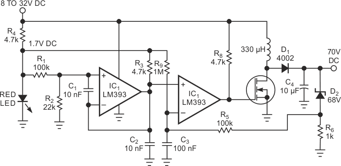 A 70 V-dc upconverter employs the ramp generator.