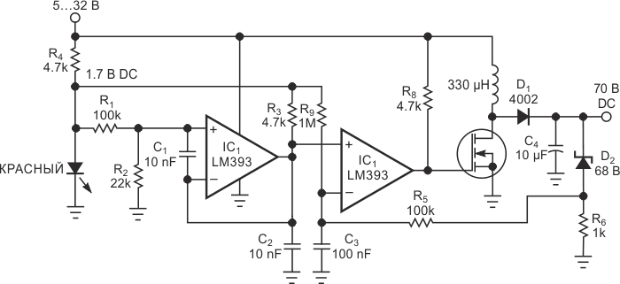 Использование генератора пилообразного напряжения в 70-вольтовом повышающем DC/DC преобразователе.