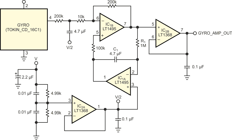 Servo amplifier IC1A removes the dc level shift due to temperature-related drift effects of a piezoelectric-rate gyro.