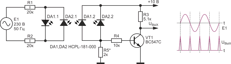 Индикатор перехода сетевого напряжения через ноль с использованием двух оптронов.