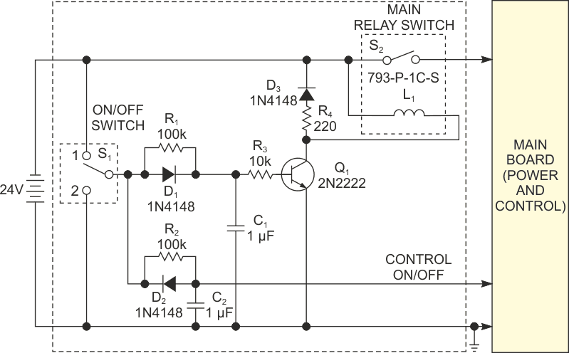 This on/off management circuit uses a relay to remove battery power.
