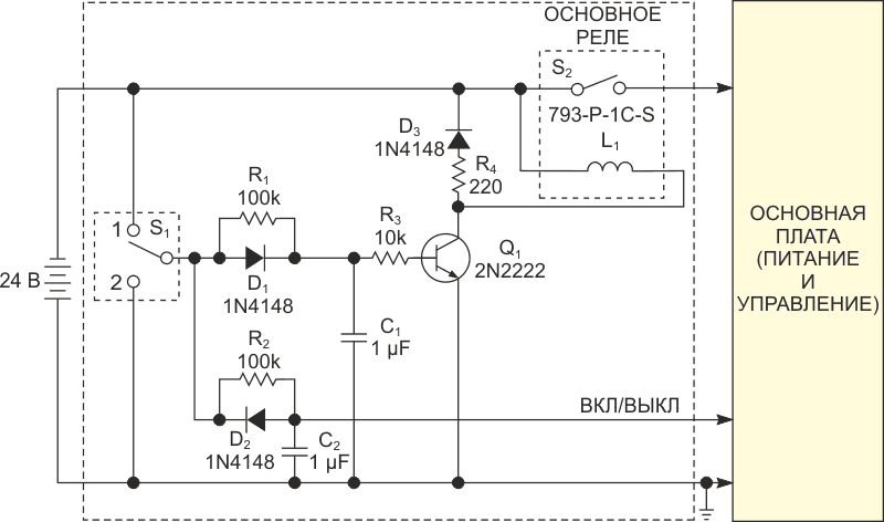 Для отключения батарейного питания в этой схеме использует реле.