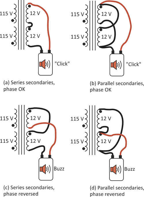 Shown are some of the tests that the continuity tester can make on a dual-primary/ dual-secondary transformer without having to connect it to the mains.